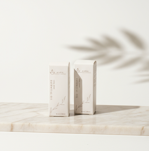 Fotografía limpia de fondo blanco con una bandeja de mármol donde se encuentran dos aceites esenciales en su packaging. sombra de planta. Aparece una 