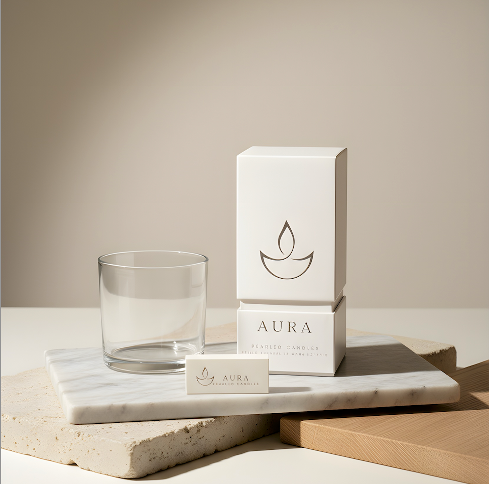 Caja de velas perladas junto a caja de mechas y un recipiente de vidrio, todo esto sobre un juego de bandejas de mármol y madera. El fondo se mantiene limpio y con juego de luces.